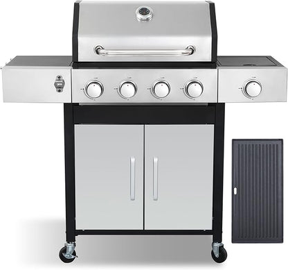 Gas Grill and Griddle Combo with Side Burner, 4-Burner Propane Grill with Porcelain-Enameled Cast Iron Grates and Double-Wall Insulated Lid, 49,000 BTU BBQ Grill for Outdoor Cooking