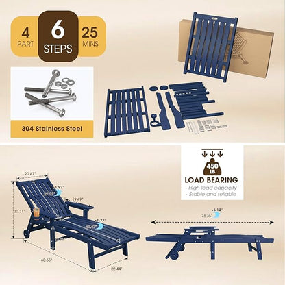 THOEOE Patio Chaise Lounge Chair Set of 2, Oversized Lounge Chair Outdoor with 5 Positions, 78″ Long, HDPE, Patio Lounge Chair with Wheels & Cup Holder for Pool, Deck, Poolside,Navy Blue