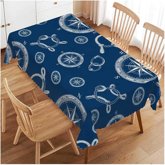 Swono Compass Table Covers 52x70 Inch Vintage World Map Wind Rose Rope Knot Nautical Compass Tablecloth Kitchen Dinning Tabletop Decoration, Blue Table Cloth for Outdoor and Indoor Use