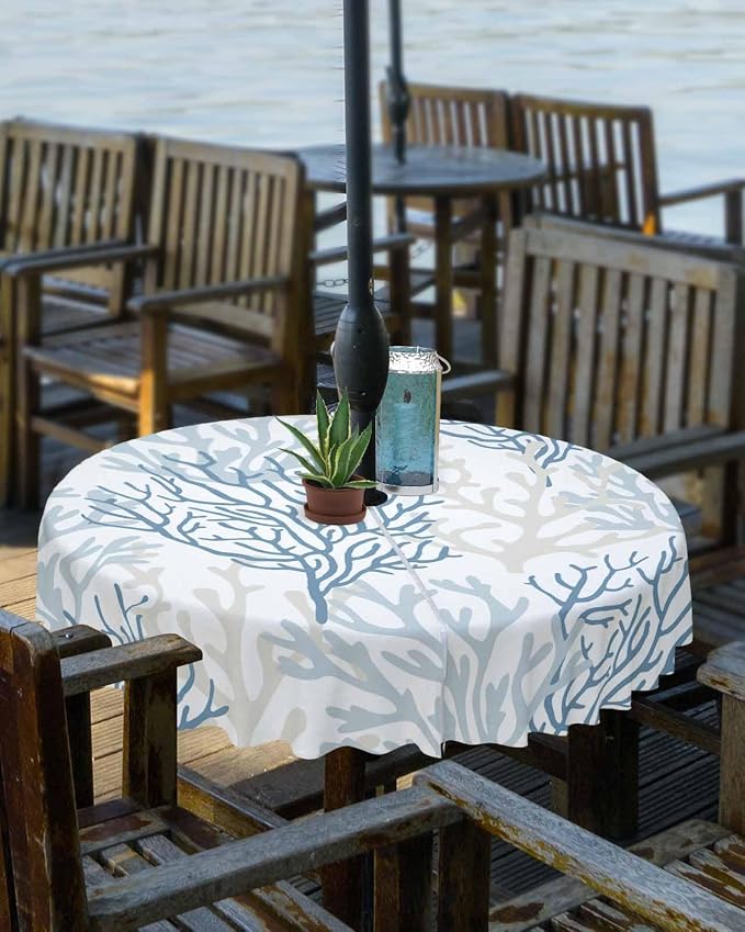 Blue Grey Coral Coastal Outdoor Tablecloth - 60 Inch Round Waterproof Dining Table Cover, Summer Beach Seaside Nautical Outdoor Table Cloth with Umbrella Hole & Zipper for Picnic/Patio