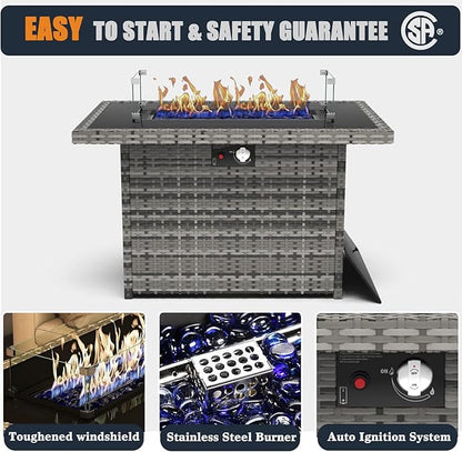 44 Inch Propane Gas Fire Pits Table for Outside Patio, 60000 BTU Rectangular Outdoor Wicker Rattan Fire Pit with Glass Wind Guard