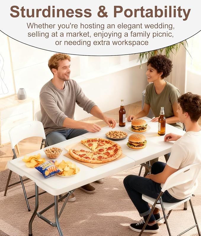 8ft Folding Table, Portable Foldable Plastic Table with Heavy-Duty Top & Reinforced Legs, 360lbs Capacity for Wedding, Party, Camping, Craft Fair, Picnic, Indoor Outdoor Use, White