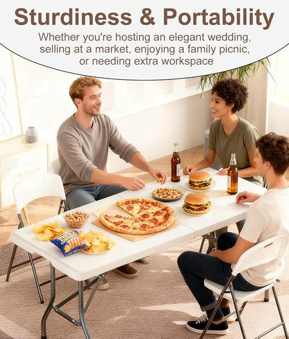 8ft Folding Table, Portable Foldable Plastic Table with Heavy-Duty Top & Reinforced Legs, 360lbs Capacity for Wedding, Party, Camping, Craft Fair, Picnic, Indoor Outdoor Use, White