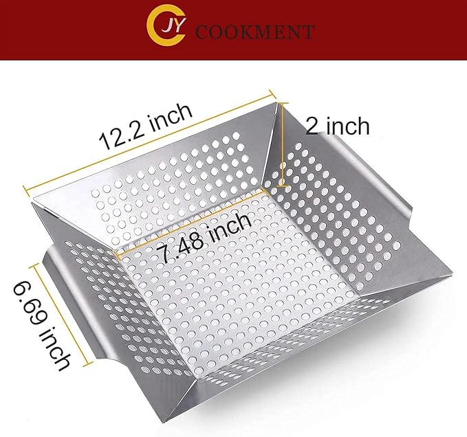JY COOKMENT Grill Basket- Stainless Steel Grilling Basket for Indoor and Outdoor Use, Heavy Duty Vegetables Grill Basket for Veggies and Kabob, Suitable for All Grills, Dishwasher Safe
