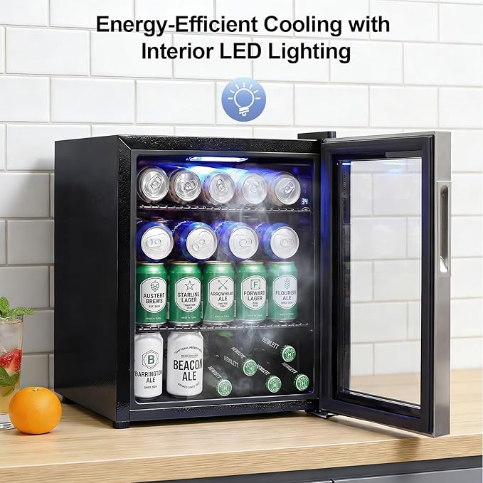 Mini Fridge Cooler - Small Beverage Refrigerator Stainless Steel Glass Door for Soda Beer Wine–Countertop Drink Cooler for Home, Dorm, Office or Bar, Electronic Temperature Control，1.4cu.ft.