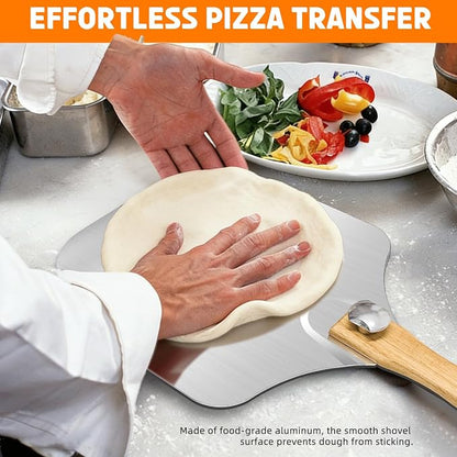 2Pcs Aluminum Pizza Peel Set | 12"×14" Metal Pizza Paddle (Foldable Wooden Handle) + Rocker Cutter | Pizza Box Packaging, Gift-Ready for Baking Lovers