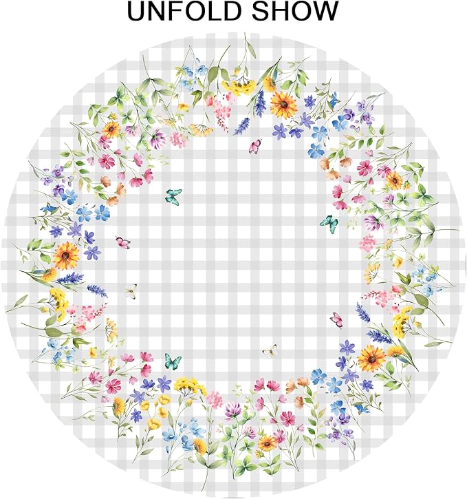 Sweetshow Spring Colorful Floral Table Cloth Round White Grey Buffalo Plaids Wildflower Butterflies Tablecloth 60 Inch Decor Washable Stain and Wrinkle Summer Round Table Cover for Dining Picnic