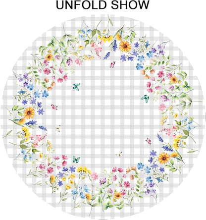 Sweetshow Spring Colorful Floral Table Cloth Round White Grey Buffalo Plaids Wildflower Butterflies Tablecloth 60 Inch Decor Washable Stain and Wrinkle Summer Round Table Cover for Dining Picnic
