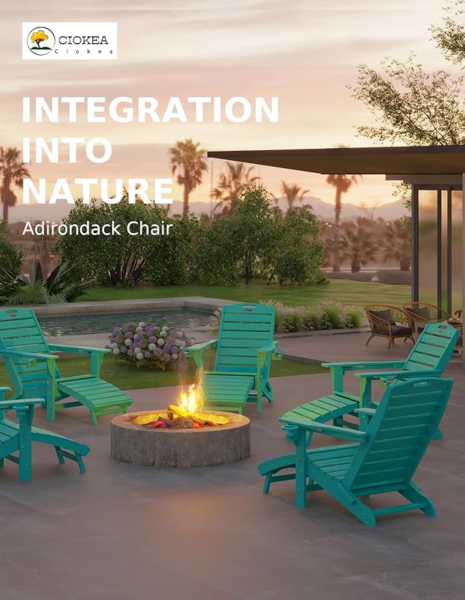 Ciokea Folding Adirondack Chair Set of 2 with Retractable Ottoman Fire Pit Patio Chair with Pull Out Foot Rest Weather Resistant Lawn Outdoor Chair with 2 Cup Holder (Lake Blue)