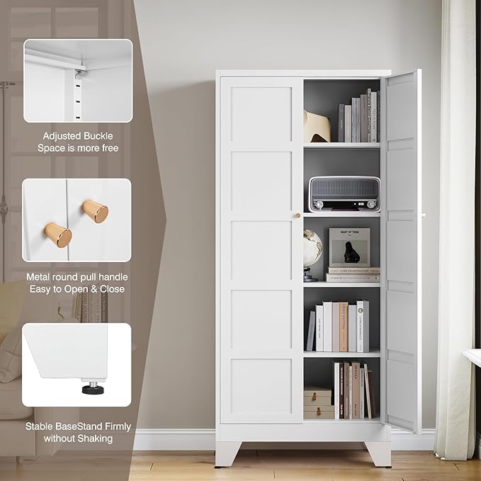 Yizosh Metal Storage Cabinet with 2 Doors and 4 Adjustable Shelves,- 72" White Kitchen Pantry Storage Cabinet for Kitchen,Living Room,Dining Room