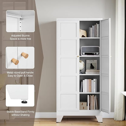Yizosh Metal Storage Cabinet with 2 Doors and 4 Adjustable Shelves,- 72" White Kitchen Pantry Storage Cabinet for Kitchen,Living Room,Dining Room