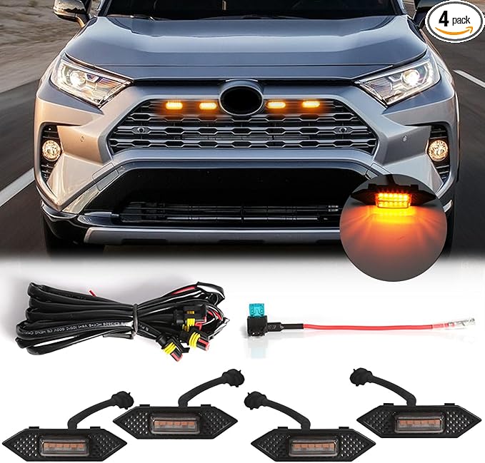 LED Grill Lights For Toyota RAV4 2019 2020 2021 2022 Front Grille Smoked Shell Amber Light 4 Pcs