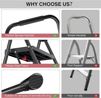 TOOLF 2 Step Ladder, Folding Steel Step Ladder with Handrail, Black | 500 lb Capacity, Wide Anti-Slip Pedals, Steel Frame, Safety Handrail, Foldable, Indoor & Outdoor Use