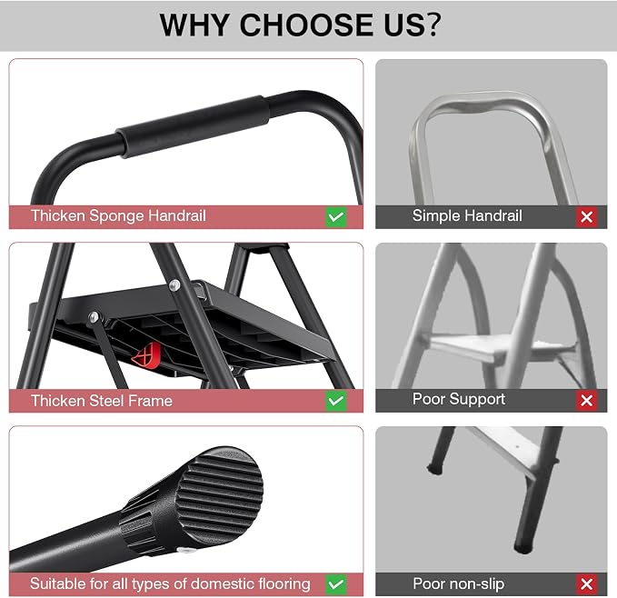 TOOLF 3 Step Ladder, Folding Steel Step Ladder with Handrail, Black | 500 lb Capacity, Wide Anti-Slip Pedals, Steel Frame, Safety Handrail, Foldable, Indoor & Outdoor Use