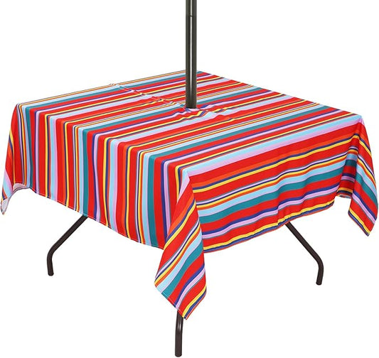 Poise3EHome Square Outdoor Tablecloth with Umbrella Hole and Zipper,Stripe 60x60 Inch,Polyester SpillProof Washable Table Cloth for Spring Summer Patio Garden Poolside Picnic Camping BBQS