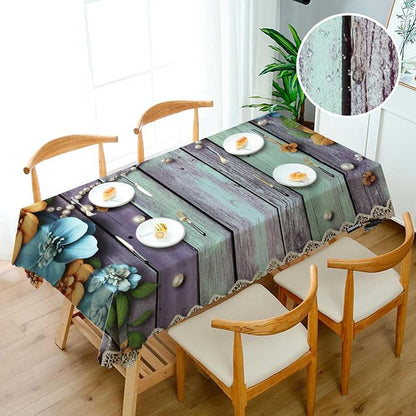 Swono Pearls Table Cloth Old Wooden Flowers Pearls and Lace Rectangle Tablecloth Picnic Table Cover BBQ Table Cloths Polyester for Kitchen Home Camping Patio 50x72 Inch