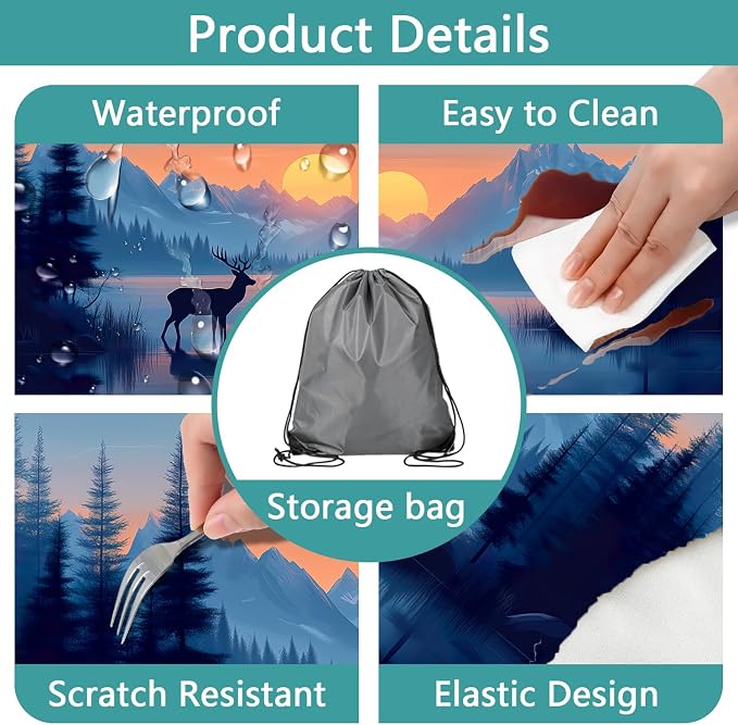3 PCS Picnic Table Cover with Bench Covers & Storage Bag, Waterproof Fitted Camping Tablecloth with Elastic, 30x96 Inch, Sunset Mountain Lake Deer Forest Print, Indoor Outdoor Patio RV Party Table