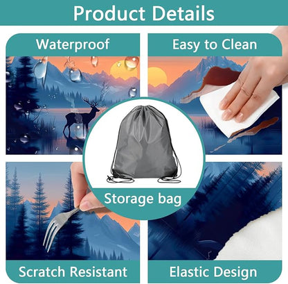 3 PCS Picnic Table Cover with Bench Covers & Storage Bag, Waterproof Fitted Camping Tablecloth with Elastic, 30x96 Inch, Sunset Mountain Lake Deer Forest Print, Indoor Outdoor Patio RV Party Table