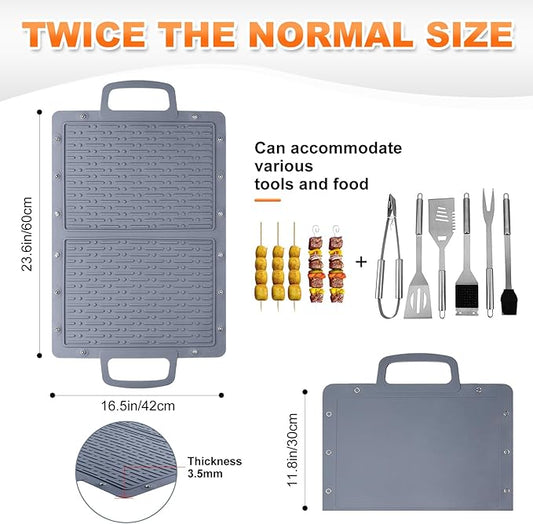 Portable Silicone Grill Mat, Heat Resistant Grill Side Shelf Mats for Food, Foldable Griddle Tools Mat with Drip Pad & Snap Buttons, Non Slip Griddle Accessories Storage Bag for Outdoor Cooking