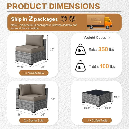 MOCHITO 7 Pieces Outdoor Patio Furniture Sets, All-Weather Sectional Sofa Grey PE Rattan Wicker Conversation Set with Glass Table and Washable Khaki Cushions for Backyard,Sunroom,Garden,Porch