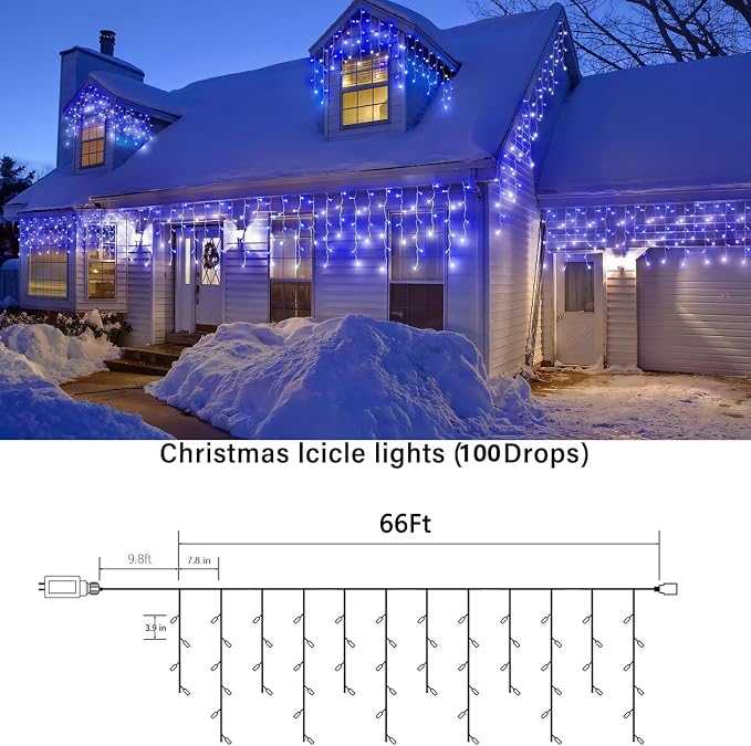 Joomer 66FT Christmas Icicle Lights Outdoor Non-Connectable White & Blue | 100 Drops 8 Modes Timer Waterproof Plug-in String Light for Christmas Party, holiday Eaves Roof Xmas Decorations