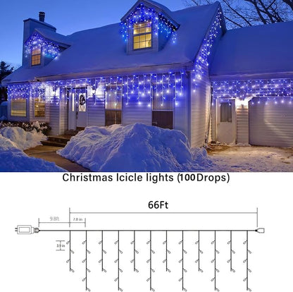 Joomer 66FT Christmas Icicle Lights Outdoor Non-Connectable White & Blue | 100 Drops 8 Modes Timer Waterproof Plug-in String Light for Christmas Party, holiday Eaves Roof Xmas Decorations