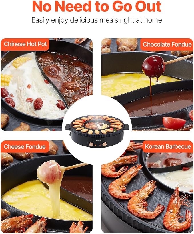 VEVOR Hot Pot with Grill, 1800W 2-in-1 Electric Smokeless Grill and Hot Pot, Korean BBQ Shabu Shabu Hotpot with Separate Dual Temperature Control, Non-stick Pan, for 2-8 People Family Dining