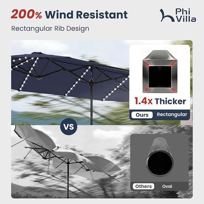 PHI VILLA 13ft Patio Umbrella w/ 120 PCS Color Changing Solar Lights, Navy | Outdoor Triple-Head Large Rectangle/Rectangular Solar-powered Market Table Umbrellas, w/ Crank Lift, for Poolside(No base)