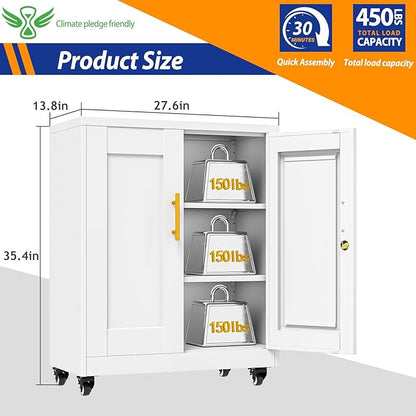 GAIOUS Metal Storage Cabinet with Lock and Wheels, Steel Tool Cabinet with 2 Door and 2 Adjustable Shelves, 35” Tall Lockable File Cabinet, Garage Cabinet, Rolling Cabinet for Home Office - White