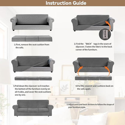 WEERRW 4 Pieces Couch Cover for Sofa Velvet Sofa Cover Washable, Light Grey | Sofa Covers for 3 Cushion Couch Furniture Protector Sofa Slipcovers with Non Slip Elastic Bottom, Pet Friendly, Large