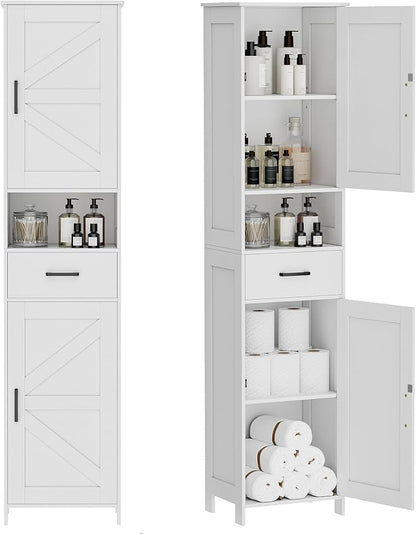 Homhedy 67" H Tall Bathroom Storage Cabinet with Barn Doors and Drawer | Narrow Storage Unit with Adjustable Shelves, Floor Cabinet for Bathroom, Living Room, Entryway or Kitchen, White, 15.7" W