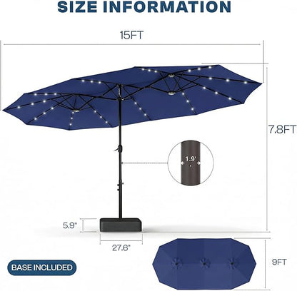 15FT Large Outdoor Patio Umbrella with Solar Lights and Base, Double-Sided Table Umbrellas with 48 LED Lights, Rectangle Market Umbrella for Pool, Deck, Backyard