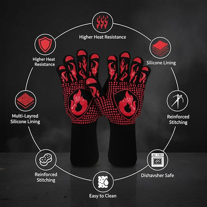 BBQ Grill Gloves, 1472°F Extreme Heat Resistant Grilling Gloves Non-Slip Oven Mitts Potholder, Perfect for Barbecue, Cooking, Baking, Fireplace, Smoker - 2 Pair