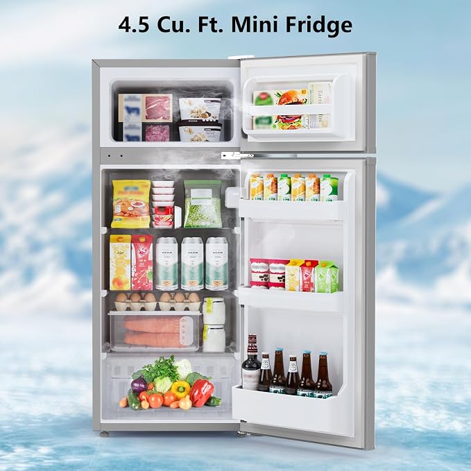 Electactic 4.5 Cu.Ft Mini Fridge with Freezer, 2-Door Compact Refrigerator With 2 Removable Shelves, 3 Level Adjustable Thermostat, Quiet Efficient for Kitchen, Office, Dorm, Apartment-Premium Grey