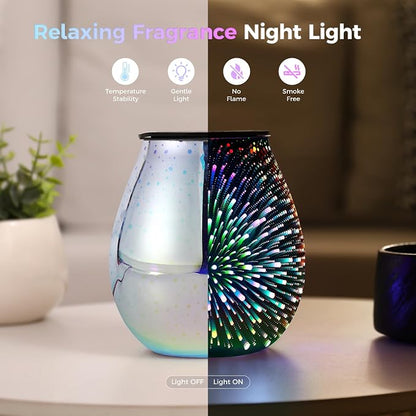 Inrorans Glass Electric Wax Melt Warmer Oil Burner with Stable Heating PTC Reusable Silicone Tray 7 Colorful Changing Led Light Night Light Scent Warmer for Home Fragrance Warmers-Fireworks Timer