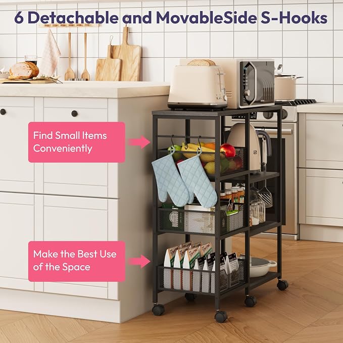SWTYMIKI Kitchen Island Cart on Wheels - 4 Tier Rolling Kitchen Table Cart with Storage Shelves, 6 Removable Hooks& Locking Casters, Coffee Bar Cabinet for Dining Room Pantry Office, Black