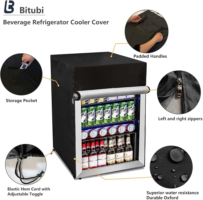 Bitubi Beverage Refrigerator Cooler Cover,Outdoor Fridge Cover – Waterproof, Dustproof, Sun-Proof, 18" W x 20" D x 31" H. Suitable for most Beer or Wine Mini Fridge/Drink Fridge (Black)