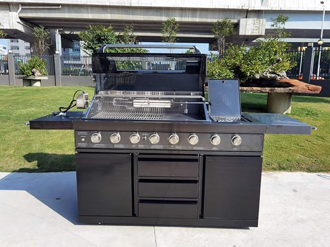 Modular 3 Piece Island Electric and Propane or Natural Gas BBQ Outdoor Black Stainless Steel Grill Kitchen with Double Wine Refrigerator, Sink, Rotisserie, Black Marble Top and FREE Protective Cover