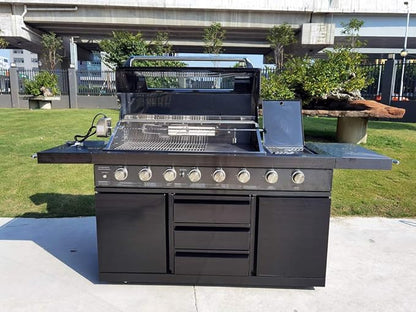 Modular 3 Piece Island Electric and Propane or Natural Gas BBQ Outdoor Black Stainless Steel Grill Kitchen with Double Wine Refrigerator, Sink, Rotisserie, Black Marble Top and FREE Protective Cover