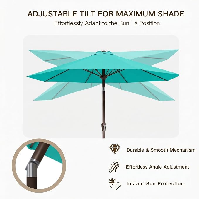 Kingdura 9FT Outdoor Patio Umbrella, Round Market Table Umbrella with Push‑Button Tilt and Crank Lift, 8 Sturdy Metal Ribs, UV50+ Protection Canopy for Backyard, Lawn, Deck, Poolside, Garden (Tiffany blue)