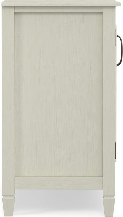 SIMPLIHOME Connaught 46" Wide Solid Wood Low Cabinet in Antique White | Traditional low console cabinet with glass doors and storage shelves for the living room, entryway or dining room.