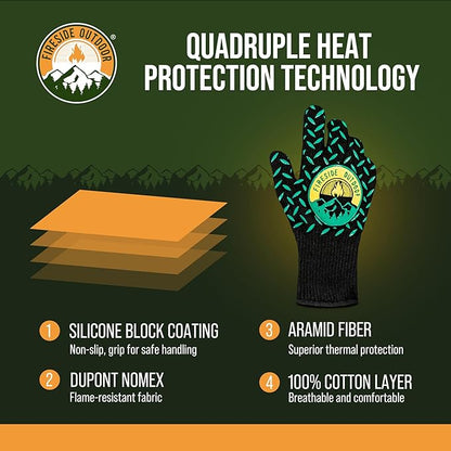 Fireside Outdoor Thermal BBQ Gloves Heat Resistant Cooking - Thermal Grill Gloves, Oven Mitts Heat Resistant, Oven Glove for Campfire Grilling, BBQ Mitts, Meat Smoking Accessories - 932°F Resistance