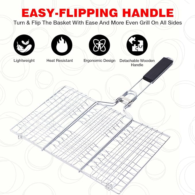 Grill Basket for Veggies, Fish Grill Basket, Folding Portable Stainless Steel BBQ Grilling Baskets for Outdoor Grill (Stainless Steel)