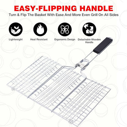 Grill Basket for Veggies, Fish Grill Basket, Folding Portable Stainless Steel BBQ Grilling Baskets for Outdoor Grill (Stainless Steel)