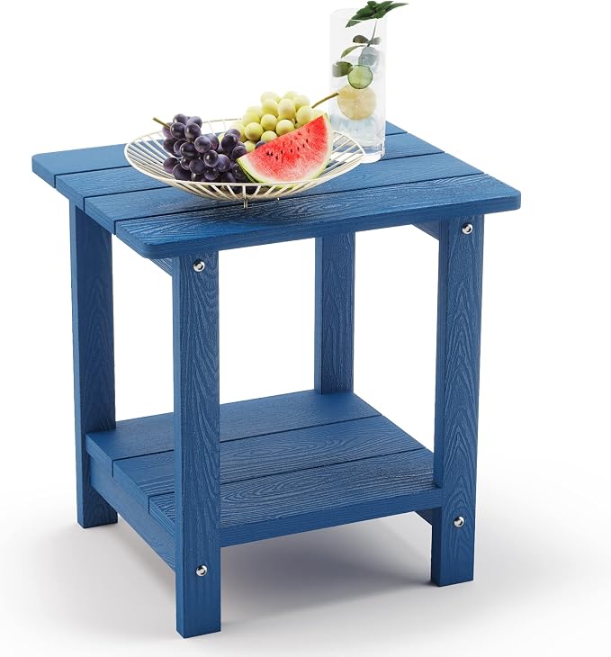 LUE BONA Outdoor Side Table, 2-Tier HDPS Small Patio Table, Navy Blue | 2-Tier Shelf for Extra Storage, Small End Table for Pool, Porch, Balcony, Weather Resistant HDPS, Easy Clean