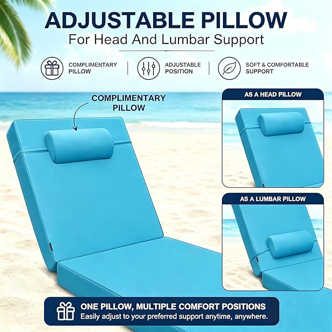 Chaise Lounge Cushion for Outdoor Furniture, Waterproof, Fade-Resistant and Tear Resistant, Patio Lounger Pads with Removable Cover for Pool, Deck, Lawn, 80x26x4 inch, Teal