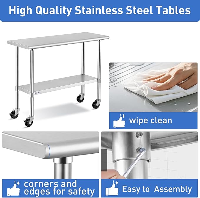 ROCKPOINT Stainless Steel Table for Prep & Work with Caster Wheels 14x30 Inches, NSF Metal Commercial Kitchen Heavy Duty Table with Adjustable Under Shelf and Table Foot for Restaurant, Home and Hotel