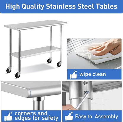 ROCKPOINT Stainless Steel Table for Prep & Work with Caster Wheels 14x30 Inches, NSF Metal Commercial Kitchen Heavy Duty Table with Adjustable Under Shelf and Table Foot for Restaurant, Home and Hotel