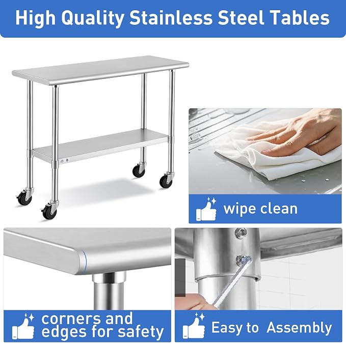ROCKPOINT Stainless Steel Table for Prep & Work with Caster Wheels 18x72 Inches, NSF Metal Commercial Kitchen Heavy Duty Table with Adjustable Under Shelf and Table Foot for Restaurant, Home and Hotel