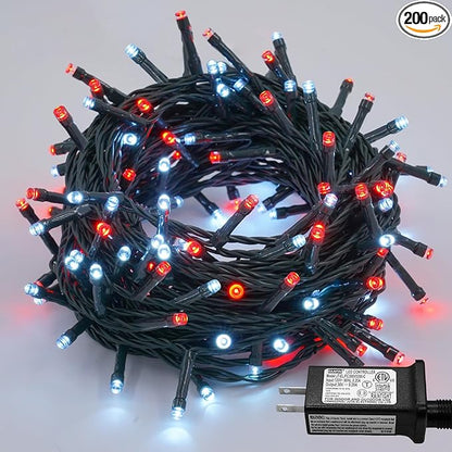 YEGUO 66ft 200 LED String Lights Outdoor Waterproof, 8 Modes Red and White String Lights Plug in, Green Wire Twinkle Tree Lights Indoor with Timer Memory